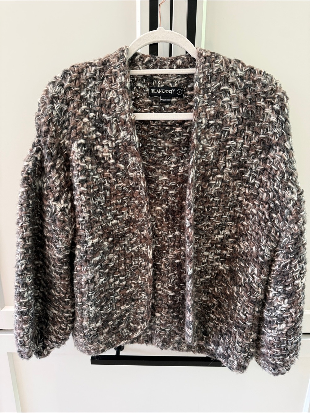 Blank NYC Marled Brown and Gray Chunky Open-Front Cardigan